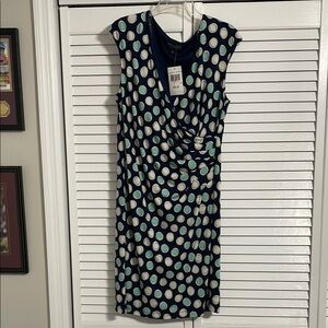 Connected Apparel White and Blue Ruched Polka Dot Wrap Midi Dress